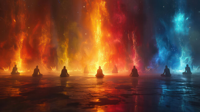 Futuristic floating cyborg buddhas