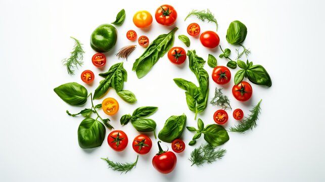 Colorful pizza ingredients pattern made of cherry tomatoes, basil and cheese on white background. Cooking concept