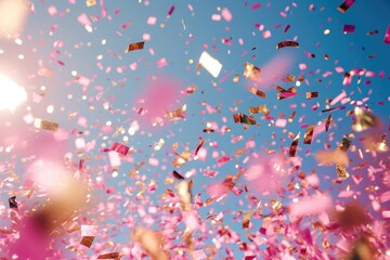 A vibrant assortment of pink and gold confetti creates a festive atmosphere as it swirls through the air, Confetti in shades of pink and gold falling from the sky, AI Generated