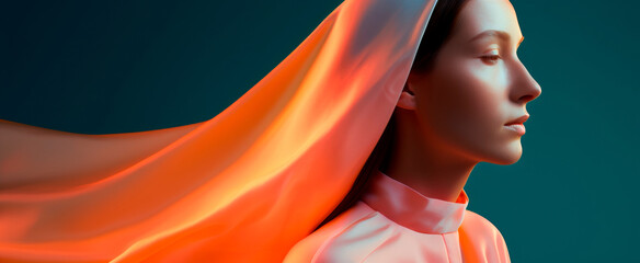 Serene profile of a woman with a flowing orange veil, embodying peace and purity, suitable for modern spiritual and religious themes