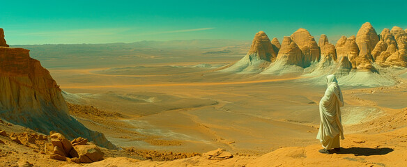 Robed figure surveys vast desert landscape, evocative of solitude and reflection, ideal for thematic backdrop or spiritual context
