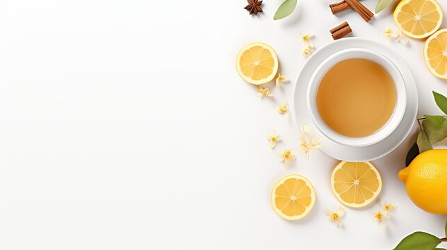 Creative layout made of cup of hot tea with ginger and lemon on a white background. Top view