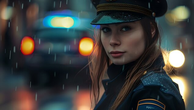 Confident female officer in uniform against blurred lights. dramatic night scene depicting law enforcement professional. cinematic style photo with focused gaze. AI