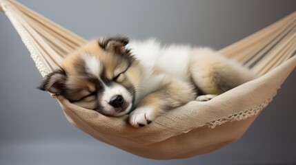 Cute sleeping puppy of 3 weeks old in a hammock on a white background