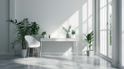 Minimalist home office featuring a white desk and plants, ultra realistic photography - obrazy, fototapety, plakaty
