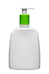 Biały plastikowy pojemnik z dozownikiem, opakowanie na krem, szampon lub mydło.
