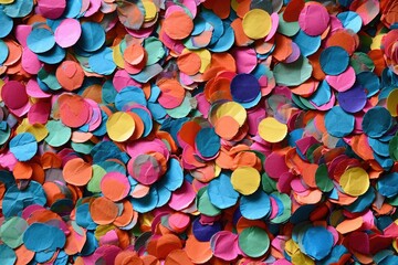 A wall adorned with a myriad of colorful confetti brings a festive atmosphere to a celebration venue, Confetti made out of recycled paper, AI Generated - obrazy, fototapety, plakaty