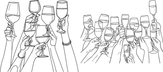 Obraz premium Continuous one line drawing. Hands cheering with glasses of wine