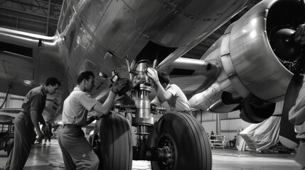 A team of technicians work on the landing gear of a jet preparing it for its next flight. - obrazy, fototapety, plakaty