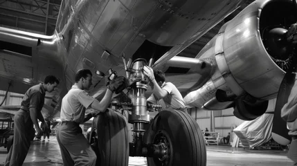 Fotobehang A team of technicians work on the landing gear of a jet preparing it for its next flight. © Justlight