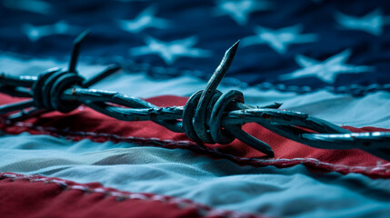 Barbed wire across USA flag implies restricted freedom, negative connotation, somber mood Useful for political discussion pieces, backgrounds - obrazy, fototapety, plakaty