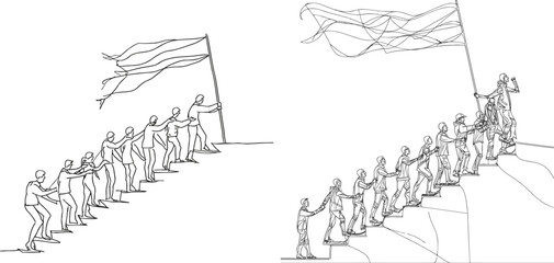 Single continuous line drawing of team members holding hands together following their leader who hold flag climbing up stairs step by step
