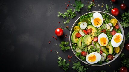 Easter fresh vegetable salad with boiled egg, broccoli, corn salad, green peas and avocado, top view - obrazy, fototapety, plakaty