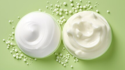 Obraz na płótnie Canvas Face cleansing mousse sample. White cleanser foam bubbles on green background. Soap, shower gel, shampoo foam texture closeup