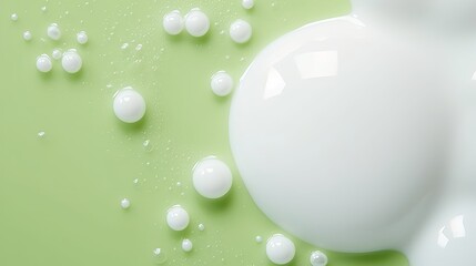 Face cleansing mousse sample. White cleanser foam bubbles on green background. Soap, shower gel, shampoo foam texture closeup