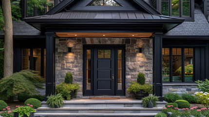 The shiny br door gleams in the sunlight adding a touch of warmth and luxury to the front entryway.