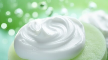 Obraz na płótnie Canvas Face cleansing mousse sample. White cleanser foam bubbles on green background. Soap, shower gel, shampoo foam texture closeup