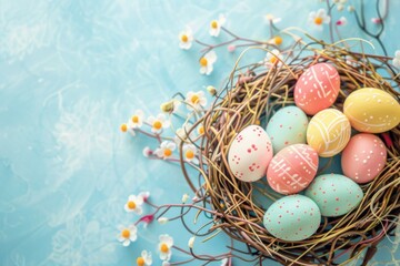 Happy Easter Eggs Basket easter daffodil. Bunny hopping in flower eggstraordinary decoration. Adorable hare 3d heartwarming message rabbit illustration. Holy week easter hunt merry card Rose Mist