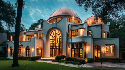 A perfect blend of oldworld elegance and modern style this Art Deco home boasts geometricshaped windows a copper dome roof and a grand staircase.