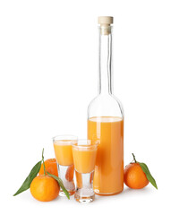 Tasty tangerine liqueur and fresh fruits isolated on white