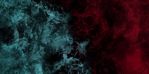 Artificial smoke in red and blue on a black background. Beautiful column of smoke in the light of red and blue turquoise on a black background. Red fire versus blue ice abstract background texture.