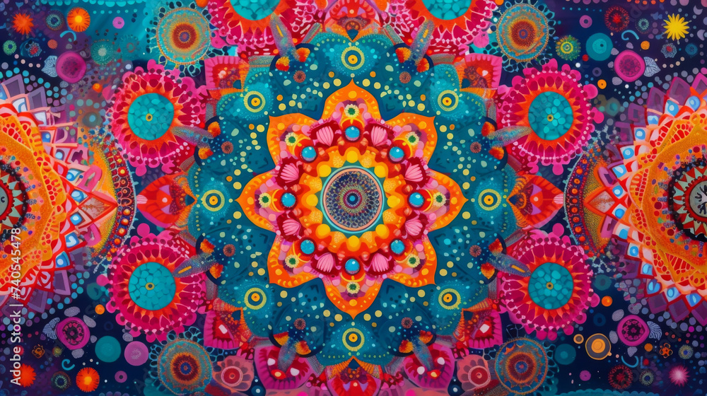 Poster a vibrant tapestry of colorful mandalas and geometric patterns representing the balance and harmony 