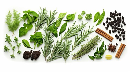 Fresh herb and spices isolated on white background, top view