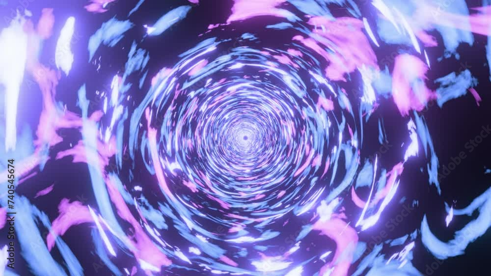 Poster 4k video of abstract sci-fi blue and pink random patterns motion graphics in a circular shape tunnel
