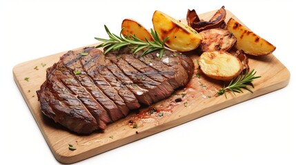 Grilled beef steak and potatoes isolated on white background, top view