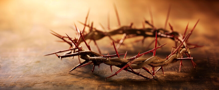A symbolic representation of suffering, this image shows a crown of thorns beside chains with sharp spikes, evoking themes of bondage and sacrifice The blurred background adds a dramatic effect