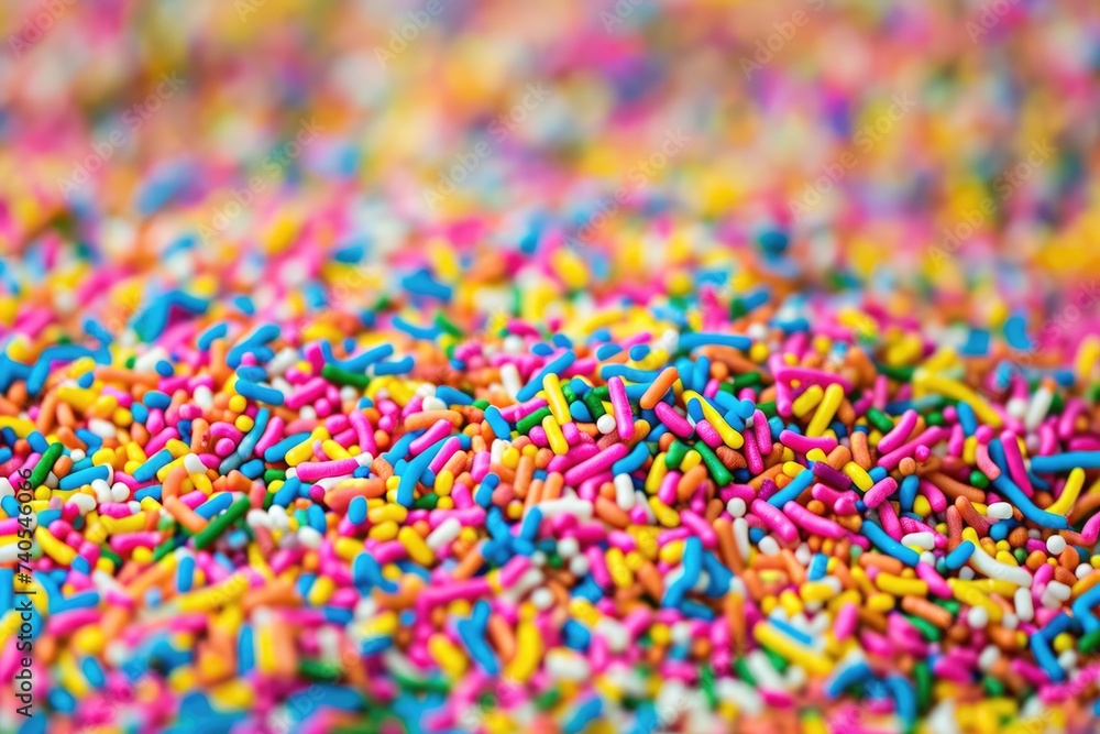 Poster a colorful assortment of donuts covered in sprinkles sits neatly arranged on top of a table, confett