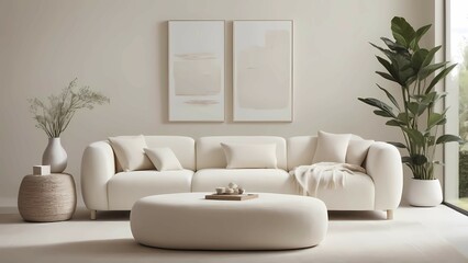 Fototapeta na wymiar Picture a minimalist retreat, featuring boucle furniture in shades of white and cream, creating a serene and inviting atmosphere perfect for relaxation.
