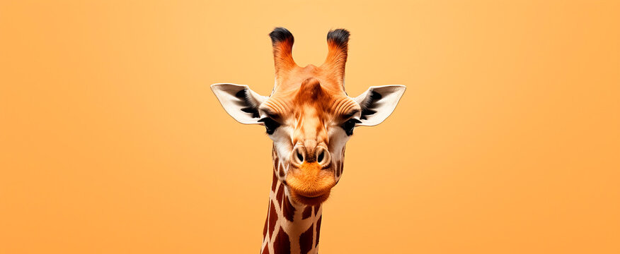 Curious giraffe's head centered against orange background, providing copy space, image conveys a sense of wonder and playfulness, perfect for engaging viewers in wildlife or conservation topics