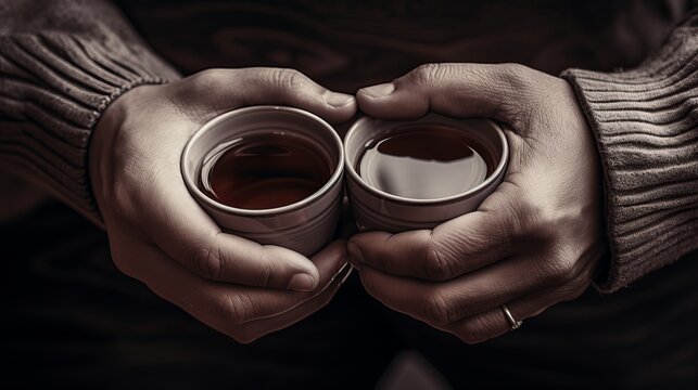 Hands holding tea cups clinking together