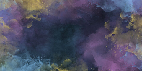 Watercolor Hand painting space background. Blue, purple, yellow, abstract vector bright banner, print. Abstract colorful watercolor natural pastel drawing paper texture background with copy space. 
