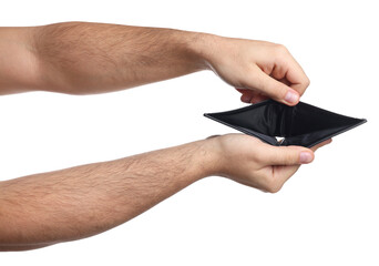 Man showing empty wallet on white background, closeup