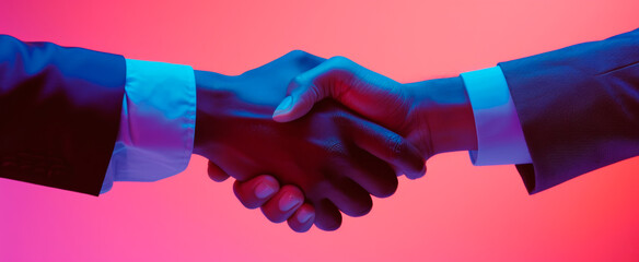 Two individuals handshake against a vibrant pink and blue gradient background - symbolizing agreement, unity, or partnership
