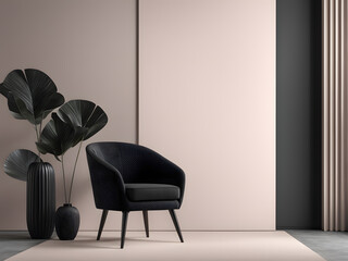 3D Black Accent Chair and Dark Plaster Empty Wall in Room Interior Design Mockup. Perfect for Lounge Area in Apartment, Property, Reception Hall, and Reception Area.