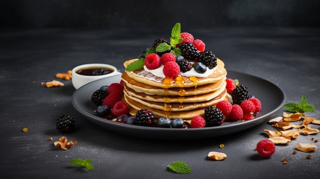 Healthy breakfast set on grey background. The concept of delicious and healthy food. Mix nuts, honey, berries, orange jus, pancake and milk. Top view, copy space. High quality photo