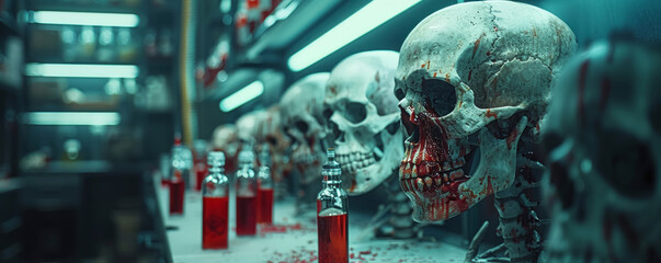 Futuristic lab abandoned where skeleton dolls with haunting faces sit among scattered vials of blood a sci-fi horror story - obrazy, fototapety, plakaty
