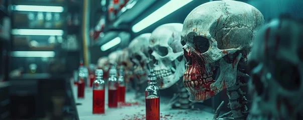Foto op Plexiglas Futuristic lab abandoned where skeleton dolls with haunting faces sit among scattered vials of blood a sci-fi horror story © Atchariya63