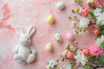 Happy Easter Eggs Basket Brush strokes. Bunny hopping in flower funny easter card decoration. Adorable hare 3d church service rabbit illustration. Holy week easter hunt pansies card rose radiance