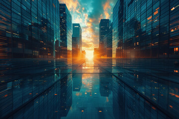Slash Sun piercing through a futuristic skyline casting shadows and light in a high-tech city - obrazy, fototapety, plakaty