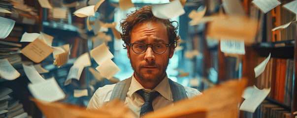 Stressed business man in a high-tech office paperwork erupting from an antiquated printer a contrast of eras