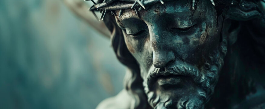 Close-up of a Jesus Christ statue with a crown of thorns, conveying sorrow and sacrifice with a serene expression Ideal for religious themes, banner format with ample copy space