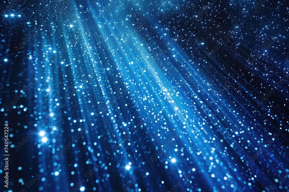 Poster a photo showcasing a blue background filled with stars and illuminated by radiant light beams, const