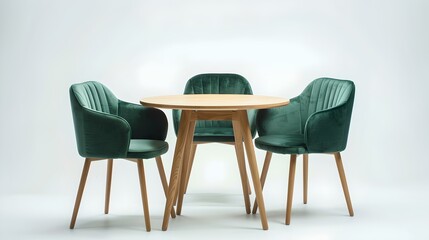 Modern minimalistic furniture set on a neutral background, showcasing a wooden table and green velvet chairs. perfect for contemporary interiors. AI