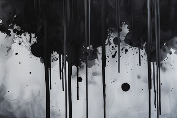 Black ink stains with a drips and smudges on the wall, abstract grunge background.