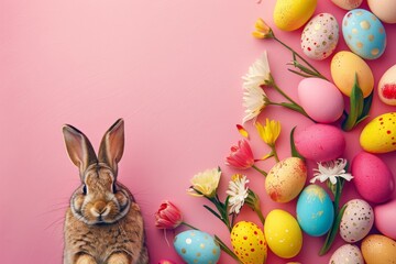 Happy Easter Eggs Basket plush blanket. Bunny hopping in flower wallpaper paste decoration. Adorable hare 3d garden rabbit illustration. Holy week easter hunt Traditional Illustration card Garnet