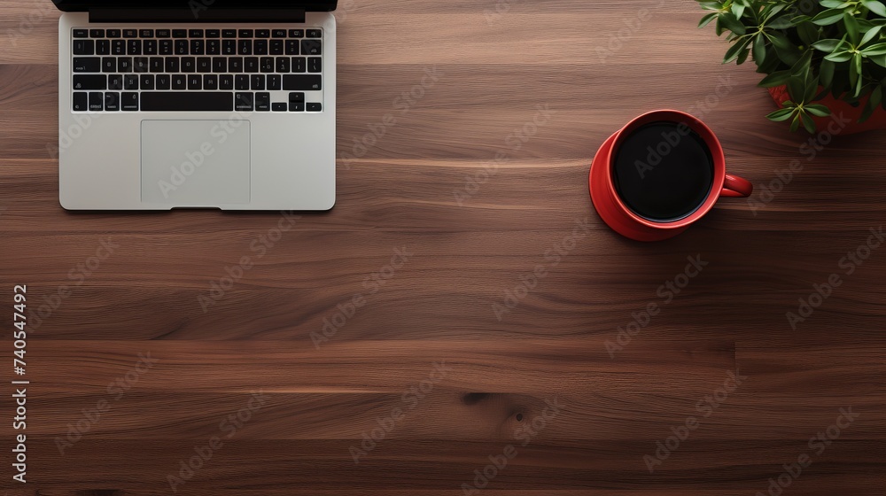 Poster modern working place on grey wood table. from above view on the well equipped working place surround